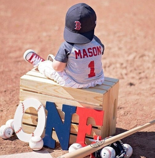 1st Birthday Boy Outfit Baseball One Year Old First Cake Smash Raglan Outfit, Gray shirt with Navy Sleeves, Red Design