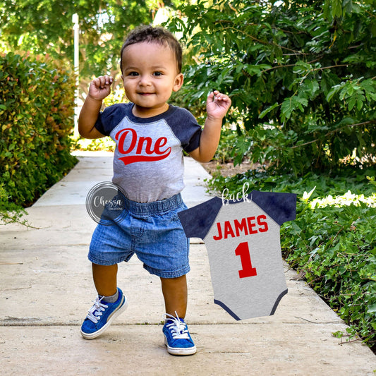 1st Birthday Boy Outfit Baseball One Year Old First Cake Smash Raglan Outfit, Gray shirt with Navy Sleeves, Red Design