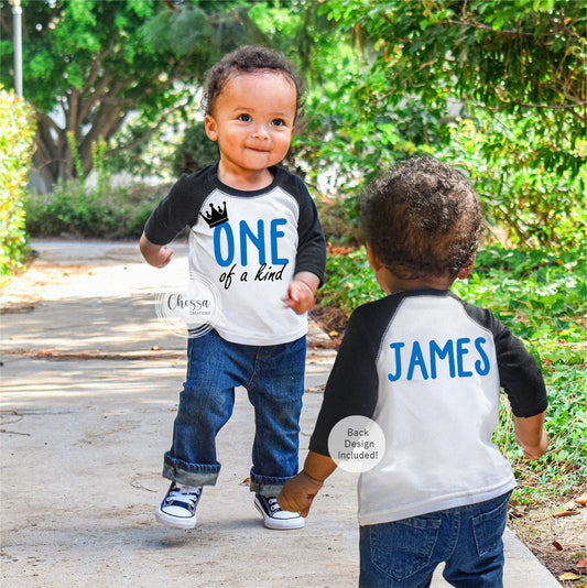 1st Birthday Boy Outfit One Year Old Shirt for Cake Smash, ONE of a kind, 3/4 Sleeve White Raglan Shirt w/ Black Sleeves, Sky Blue