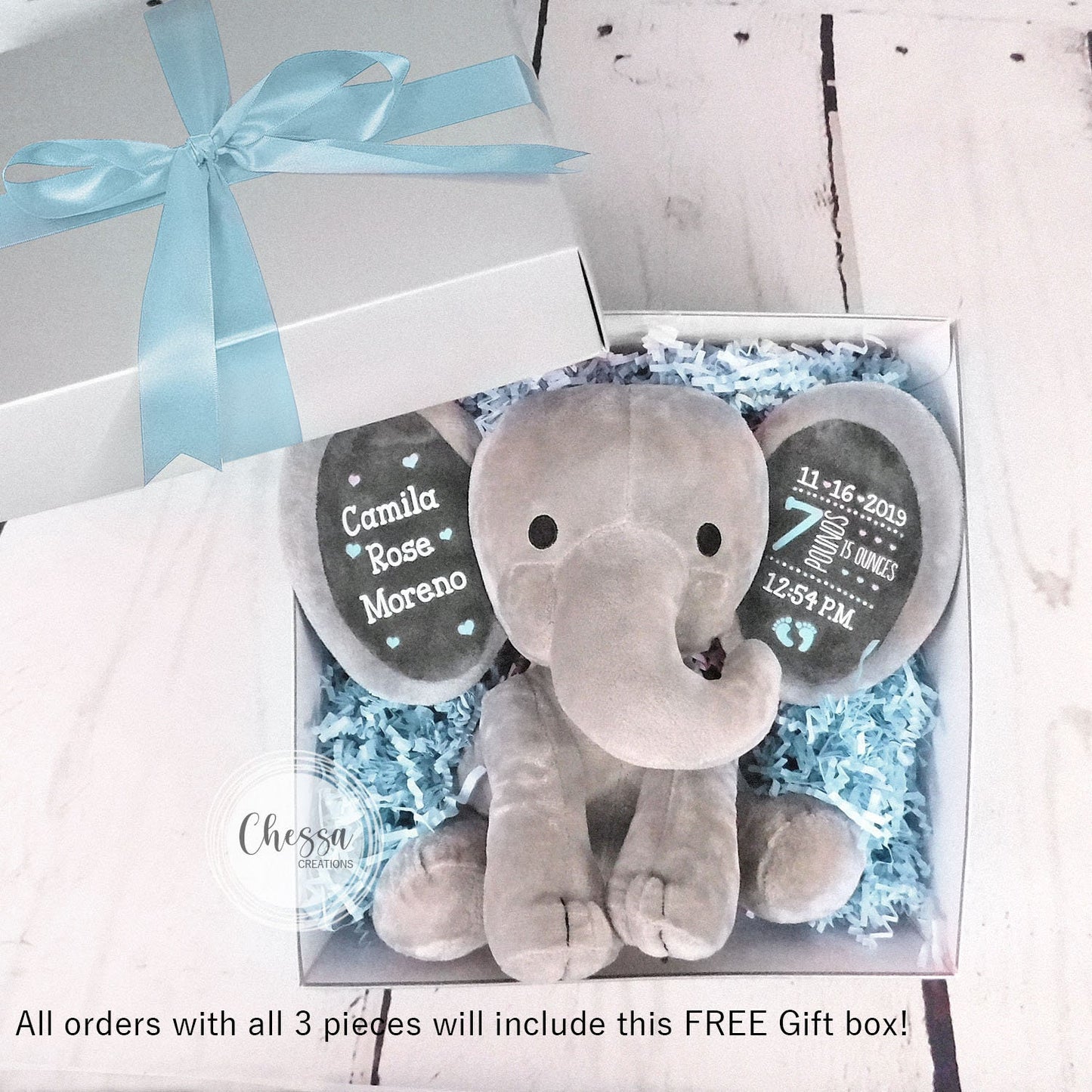 Baby Boy Shower 3-Piece Gift Set Customized Elephant Stuffed Animal Gift Basket Monogrammed Newborn Boy Gift Basket Royal Blue, Chessa