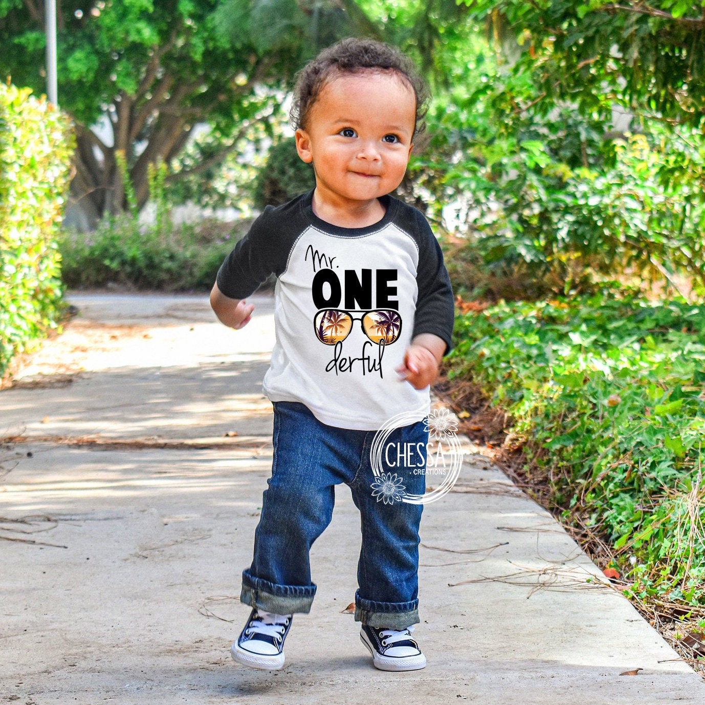 1st Birthday Boy Outfit, Cool Mr. ONEderful One Year Old Party, First Birthday, White raglan shirt w/ Black Sleeves, Chessa