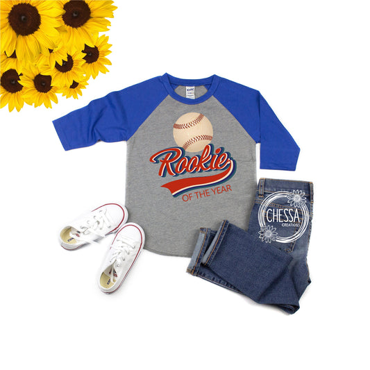 Baseball Birthday Shirt Boy Rookie of the Year 1st, 2nd, 3rd 4th, 5th, 6th Outfit One Two Three Year Old Party, Gray w/ Blue Sleeves