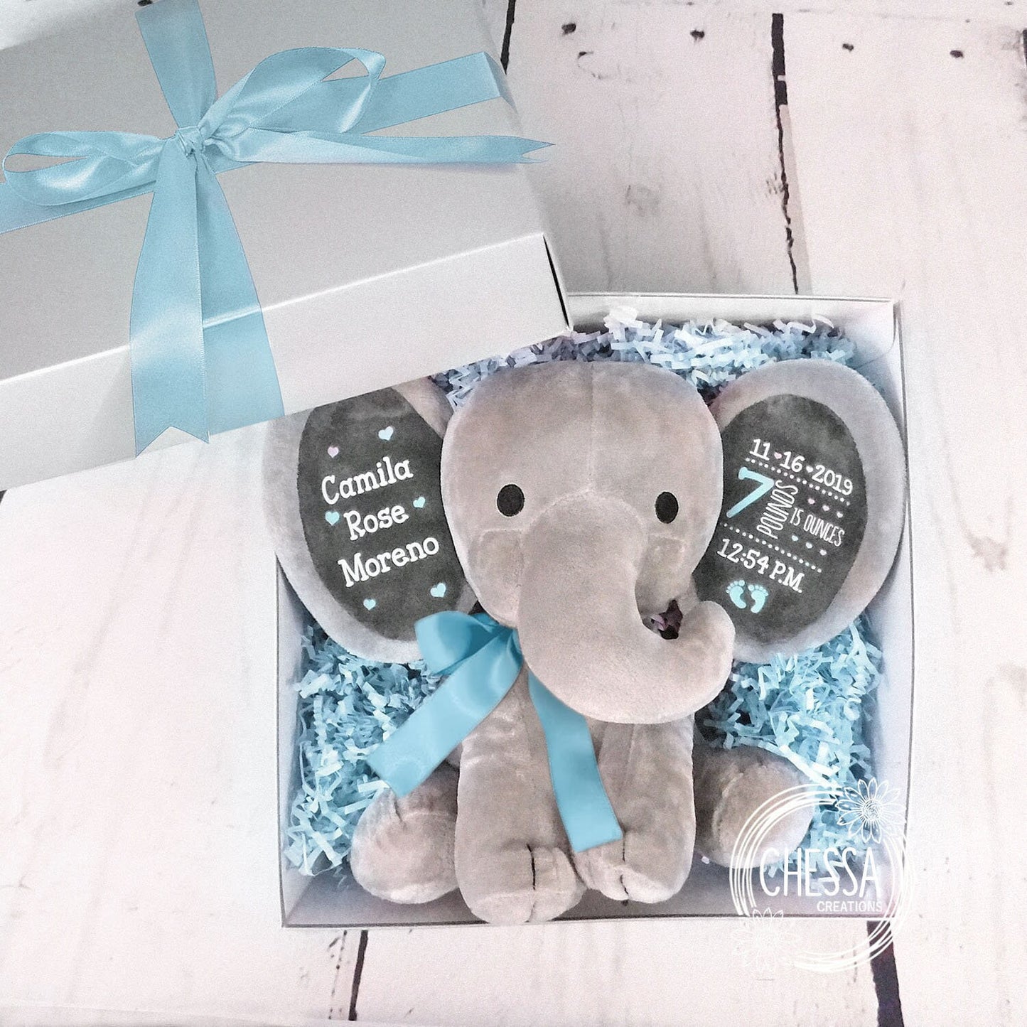 Custom Baby Boy Gift 3-Piece Shower Set Elephant, Bodysuit, & Bib, Newborn, Personalized Stuffed Animal Gift Basket Blue, New Mom, Pale Blue