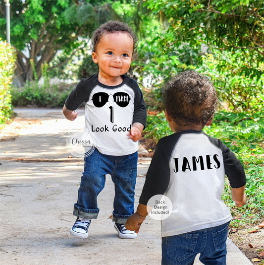 1st Birthday Boy Outfit for First Cake Smash, I Make 1 Look Good, 3/4 Sleeve Raglan White w/ Black Sleeves, Chessa Creations, 3/4 Sleeves