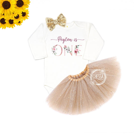1st Birthday Girl Outfit Pink Gold Floral Shirt for First Birthday Cake Smash Birthday Long Sleeve Tutu Princess Tea Party