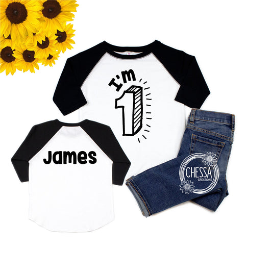1st Birthday Boy Shirt, Im 1 First Outfit One Year Old, Boys TShirt or Bodysuit, White w/ Black Sleeves, Chessa Creations Original