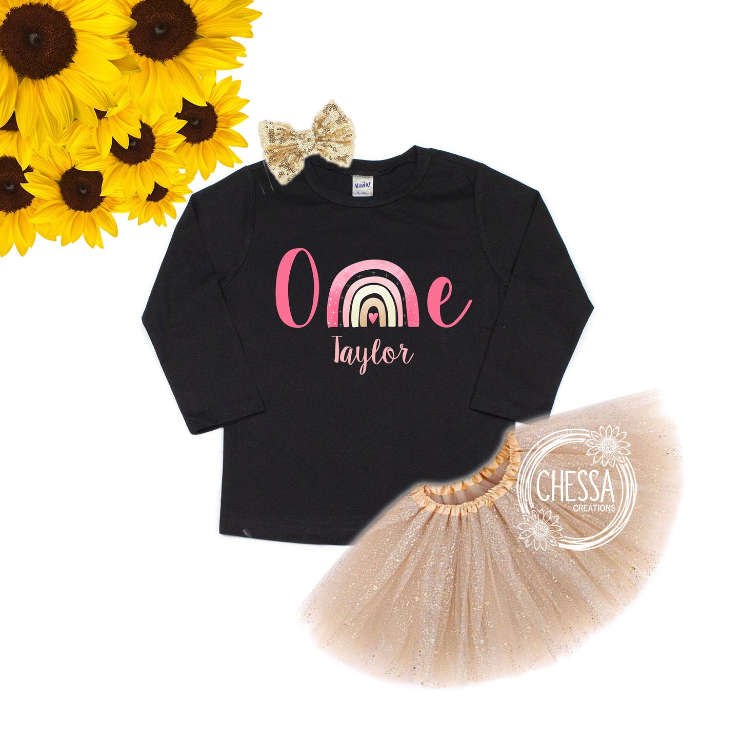 First Birthday Girls Rainbow Outfit 1st Girl Pink Cute Two Three Four Year Old Girl Birthday, Long or Short Sleeve, Tutu & Bow