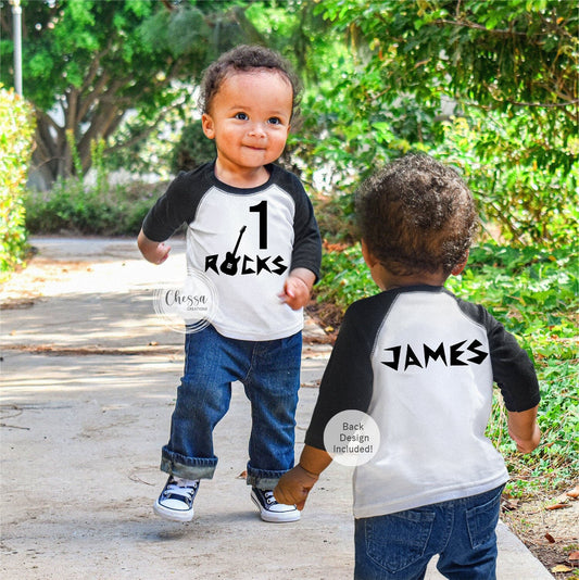 1st Birthday Boy Outfit, Baby Boy One Year Old, Rock N Roll, 1 Rocks! Any Age! White Raglan Shirt with Black Sleeves, Chessa Creations