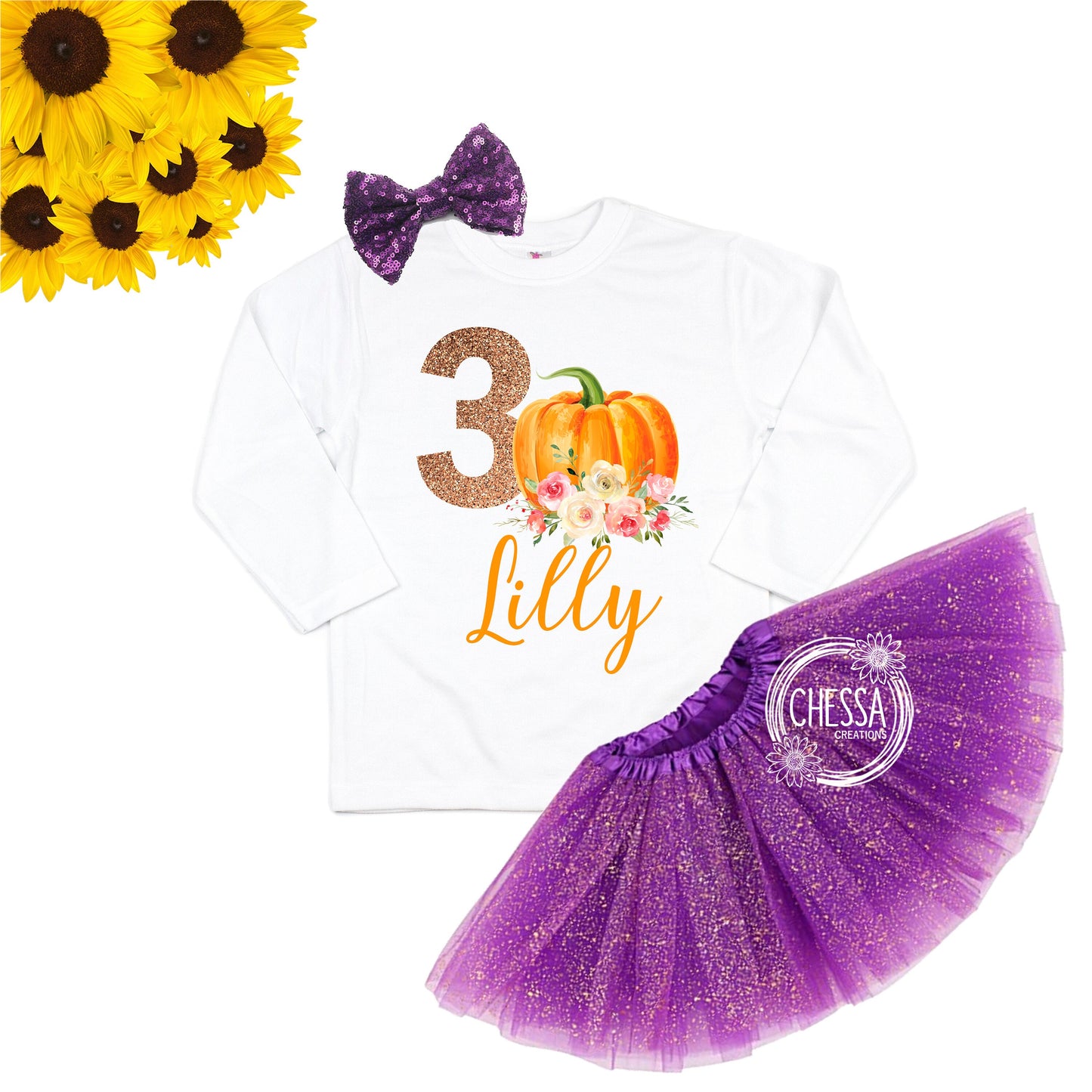 Fall 1st Birthday Girl Outfit, Pumpkin Shirt for First Birthday Cake Smash, Tutu & Bow Set, Glitter Gold, ANY AGE! Professional Ink Print