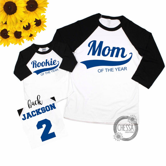 1st Birthday Boy Outfit Baseball One Year Old, Rookie of the Year, Mom, Dad Family Shirts, Royal Blue design, White shirt with Black sleeves