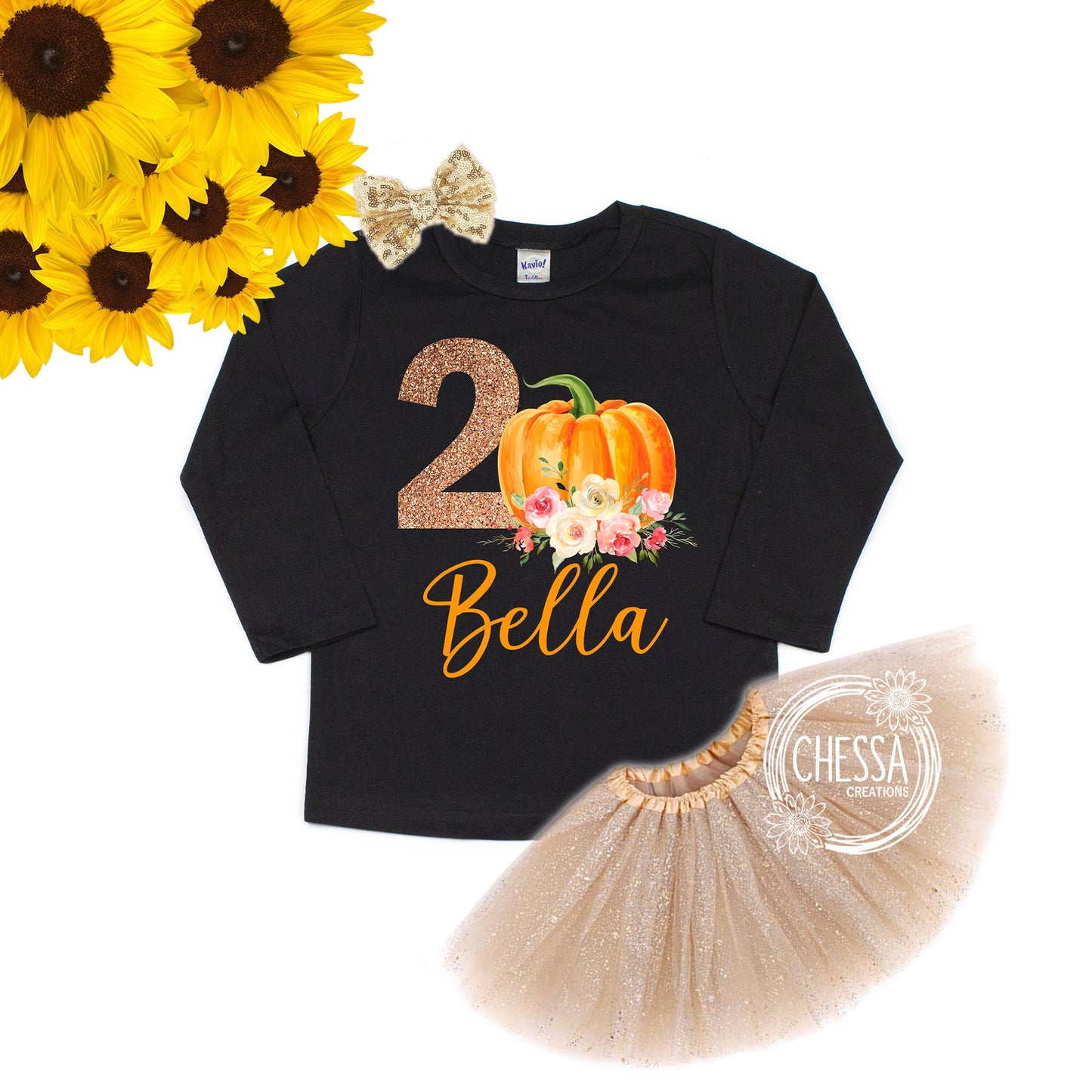 Fall 1st Birthday Girl Outfit, Pumpkin Shirt for First Birthday Cake Smash, Tutu & Bow Set, Glitter Gold, ANY AGE! Professional Ink Print