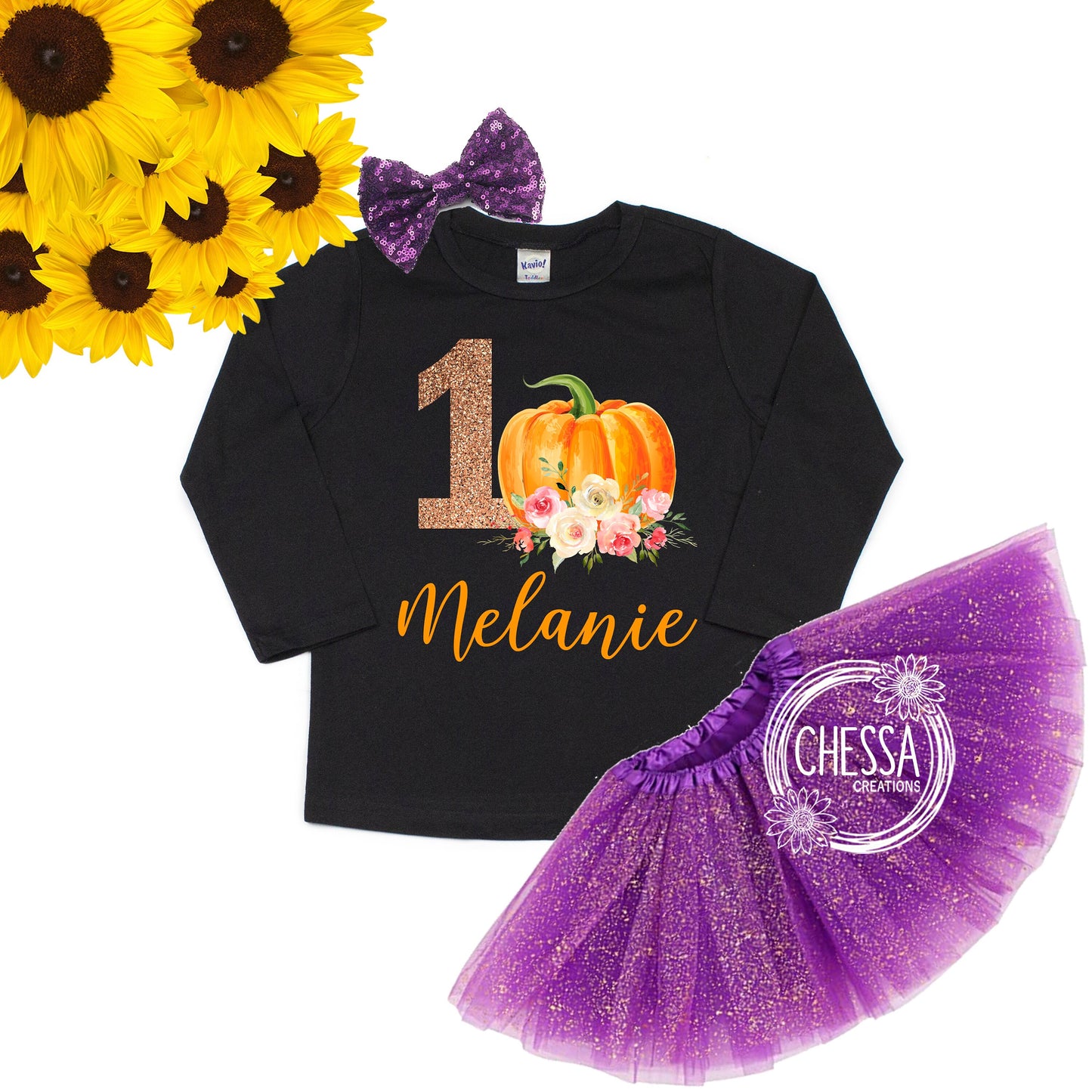 Fall 1st Birthday Girl Outfit, Pumpkin Shirt for First Birthday Cake Smash, Tutu & Bow Set, Glitter Gold, ANY AGE! Professional Ink Print
