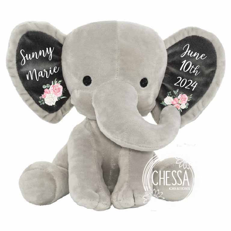 Newborn Baby Girl Gift Set 3-Pieces Customized Elephant Stuffed Animal Baby Shower Basket Personalized Floral Bodysuit and Bib for New Mom
