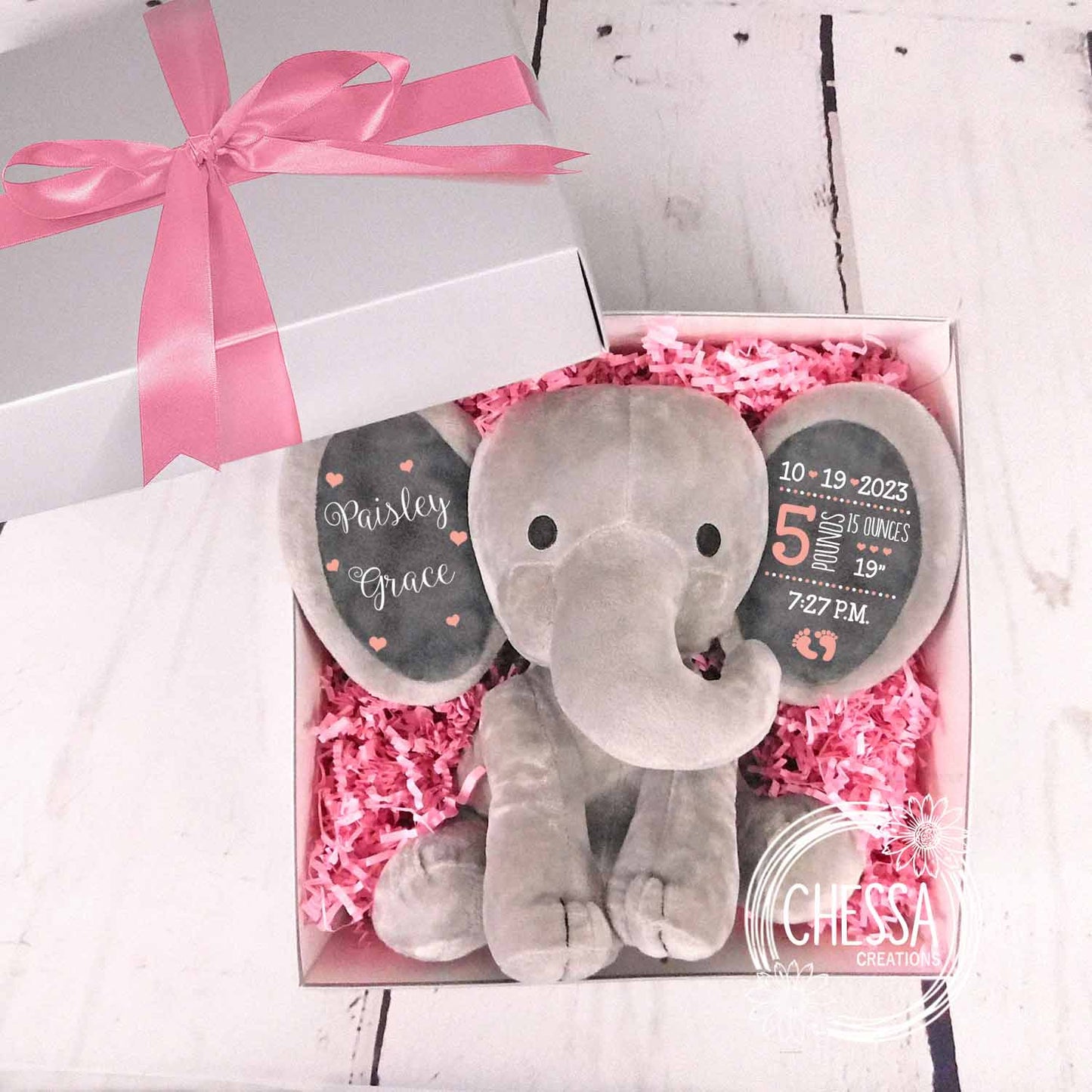 Newborn Baby Girl Gift, Custom Stuffed Elephant, Birth Stats, Photo Prop, Unique New Baby Gift Set for Basket, Cute Baby Shower, Rose Gold