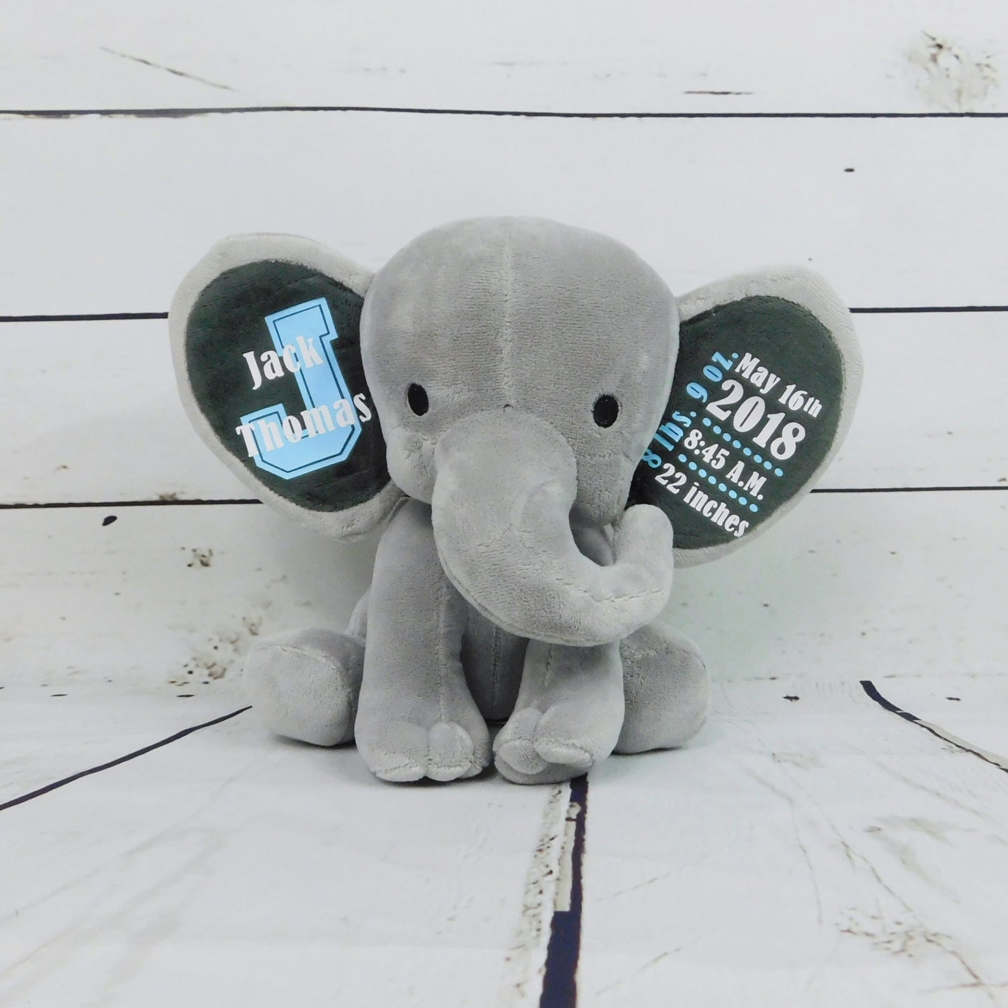 Unique Baby Boy Gift Basket Personalized Girl Stuffed Animal Elephant Custom Birth Stats Monogram, Teal Blue