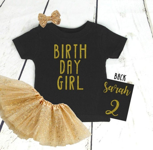 Girls Birthday Outfit, ANY AGE, 2 Year Old Birthday Girl 2nd Birthday, 1st, Black and Gold