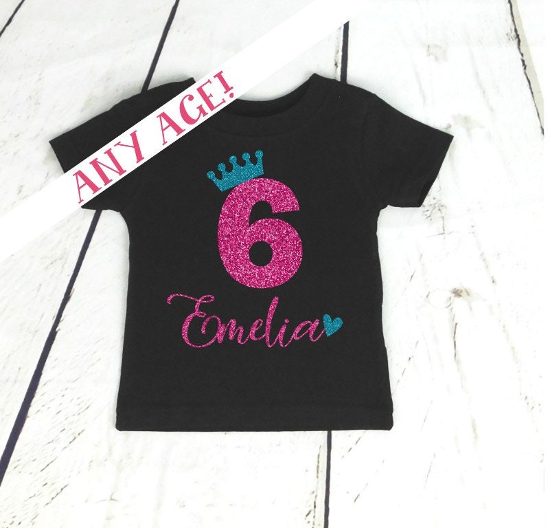 Girls Glitter Birthday Shirt, 6th, 7th, 8th Princess Long or Short Sleeve, 1st, 2nd, 3rd, 4th Custom Birthday Outfit, Black & Pink, Chessa