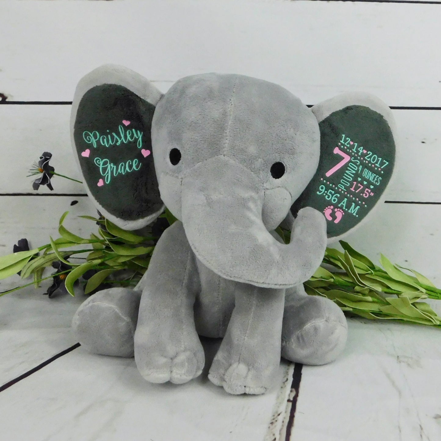 Memory Bear Plush Newborn Photography Prop Custom Baby Girl Baby Birth Stats Custom Elephant Baby Gift Custom Baby Room Decor Baby Girl Gift