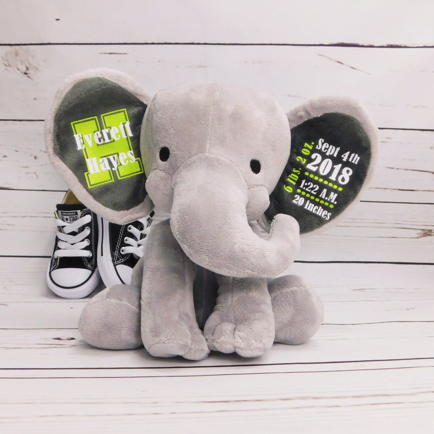 Baby Shower Gift, Birth Stats New Baby Gift Stuffed Elephant, Animal Height Weight Baby Room Decor African Nursery Theme New Baby Boy