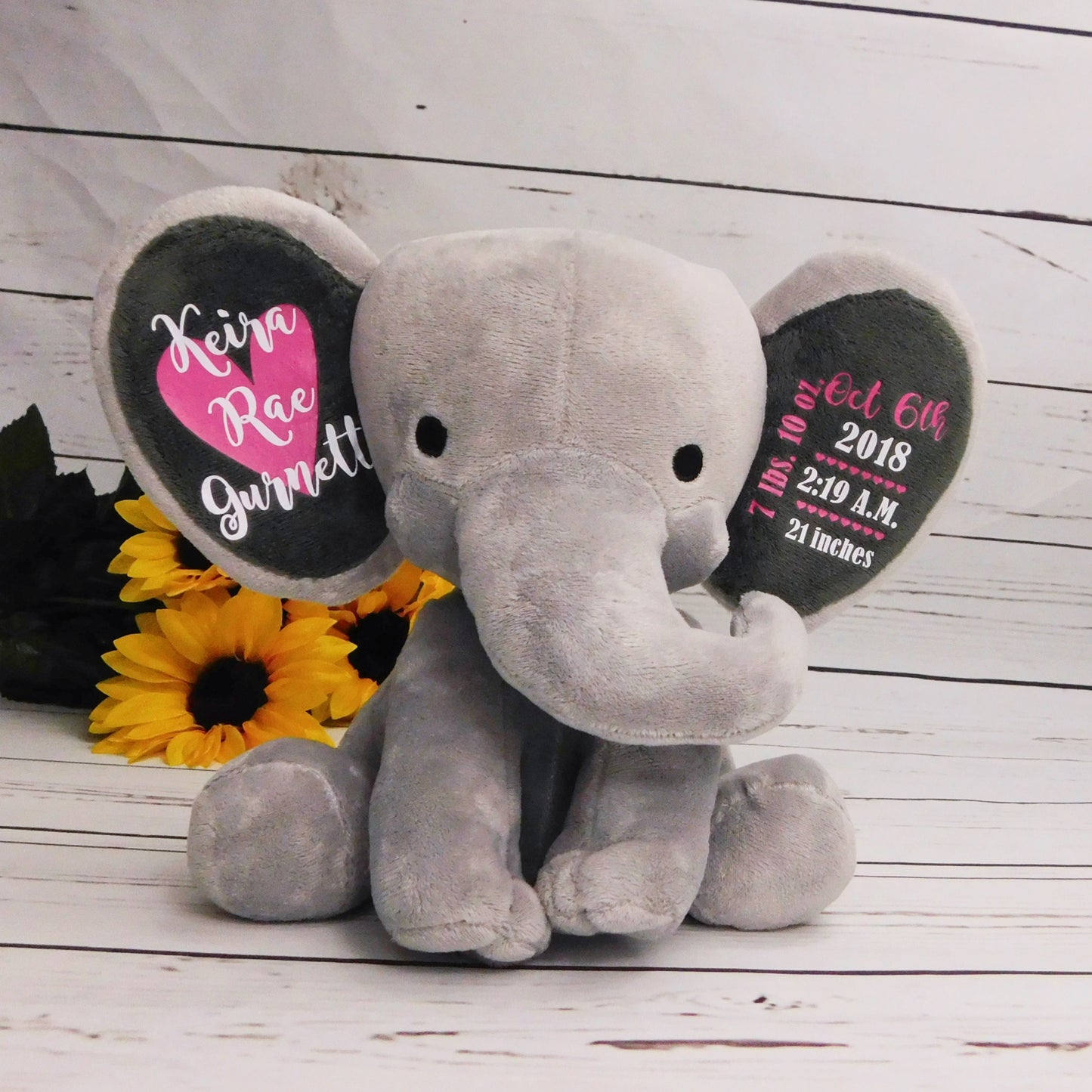 New Parent Gift, Baby Girl Birth Stats, Cute Personalized Elephant Stuffed Animal Birth Announcement