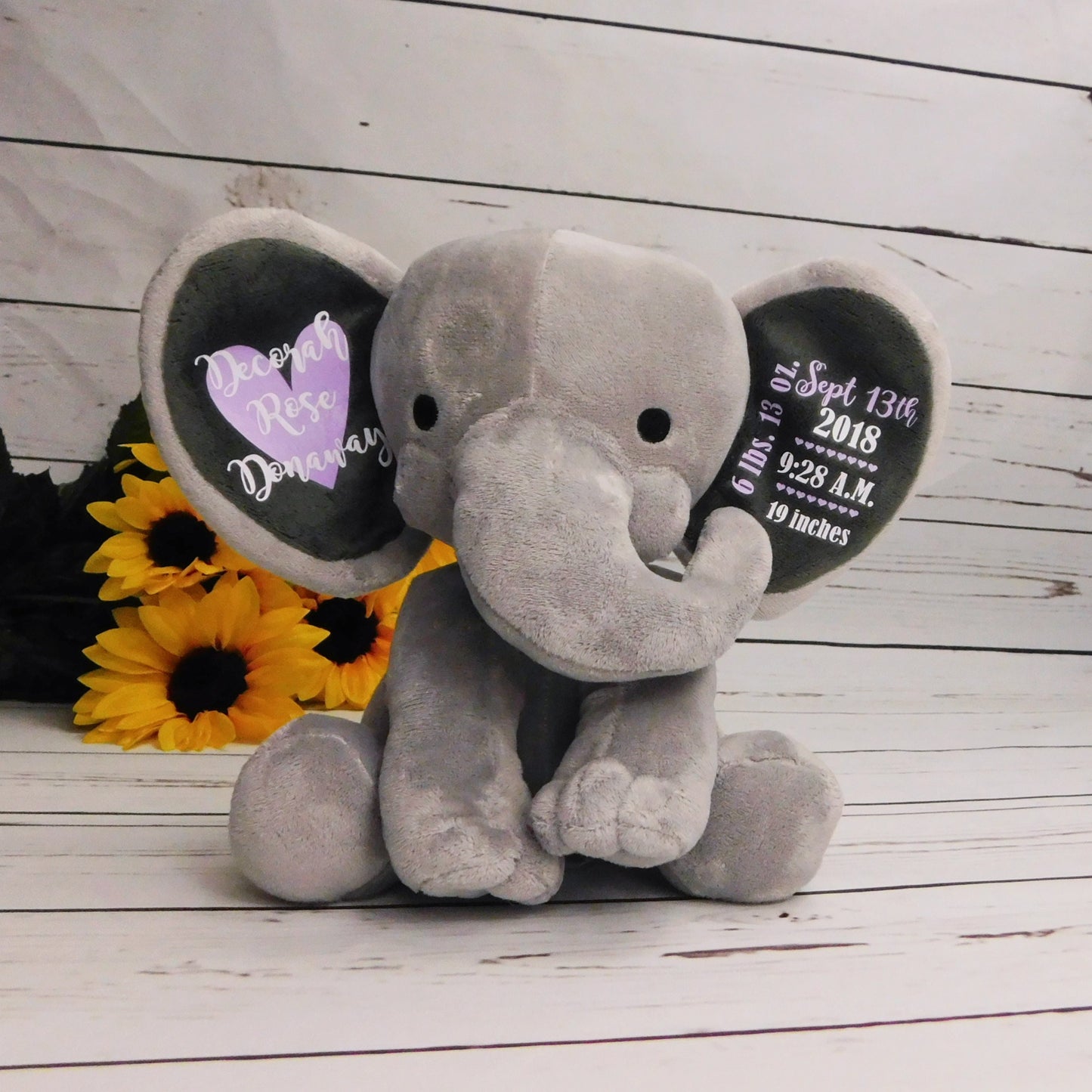 New Parent Gift, Baby Girl Birth Stats, Cute Personalized Elephant Stuffed Animal Birth Announcement