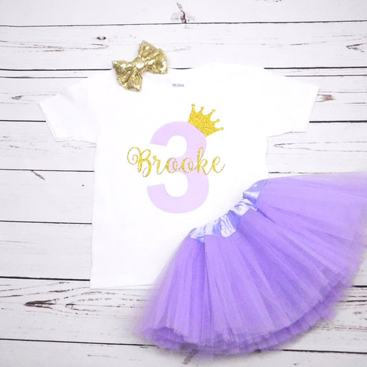 3 Year Old Girl Birthday Outfit, 3rd Birthday Shirt, Lilac Purple and Gold Glitter