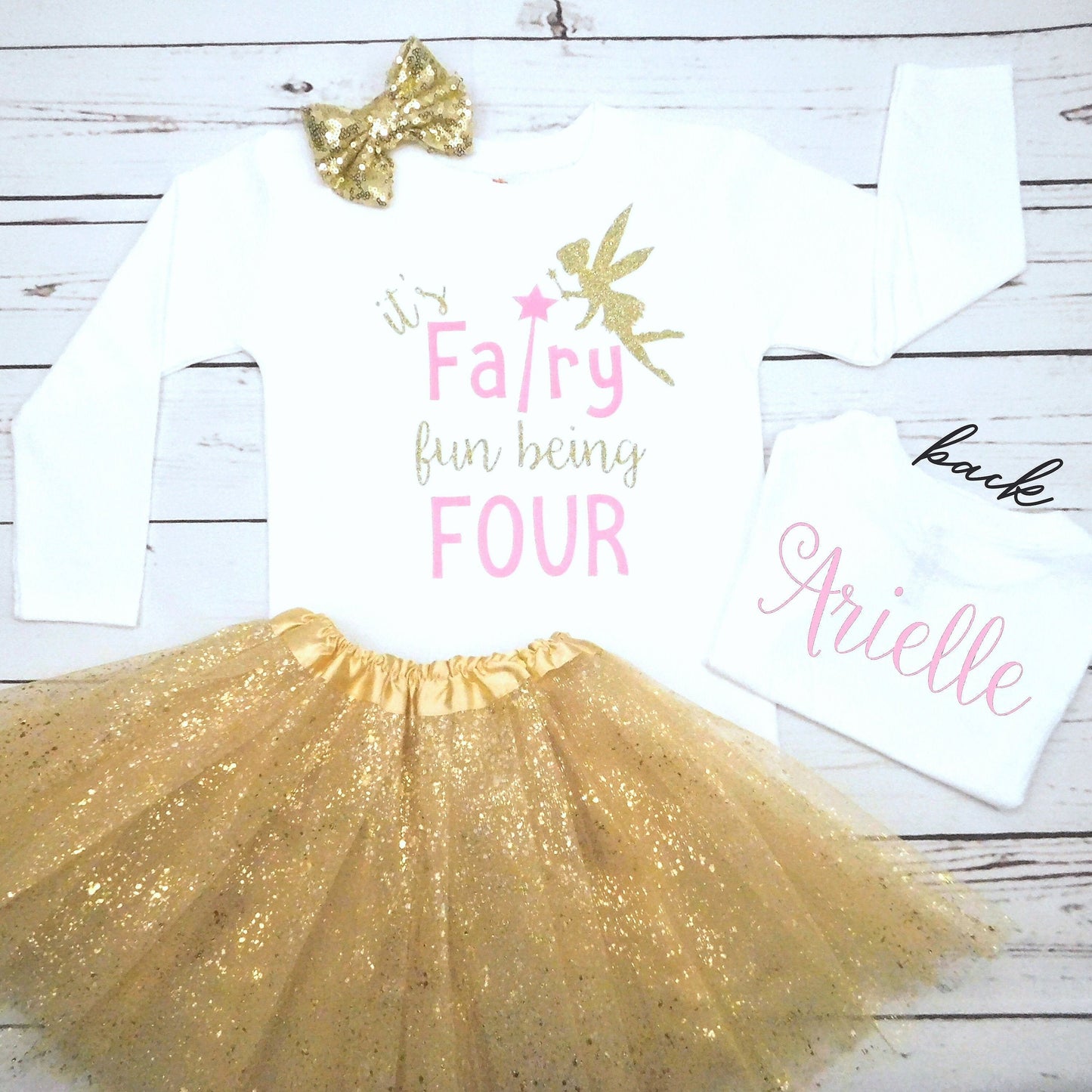 Girls Fairy 4th Birthday Party Outfit ANY AGE Fairy Party One Year Old Girl Birthday Outfit, 1, 2, 3, Gold and Pink Long Sleeve Tutu & Bow