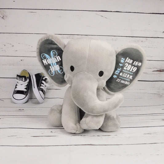 Baby Shower Gift, Birth Stats New Baby Gift Stuffed Elephant, Animal Height Weight Baby Room Decor African Nursery Theme New Baby Boy