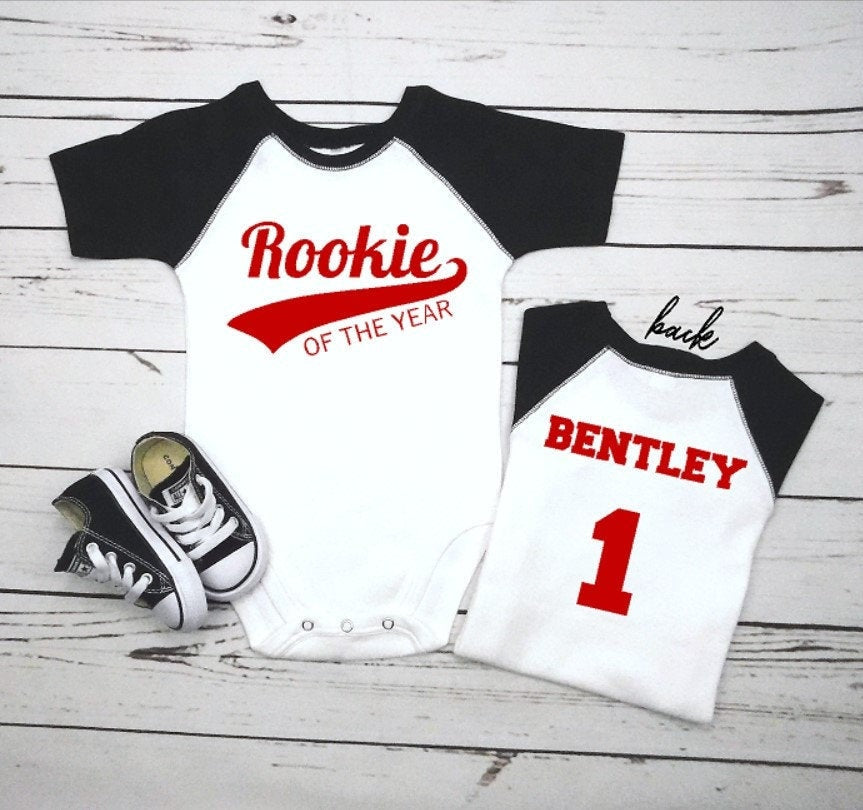 1st Birthday Boy Outfit Baseball First One Year Old Boy Outfit Red First Baseball Shirt Rookie of the Year, White Shirt w/ Black Sleeves