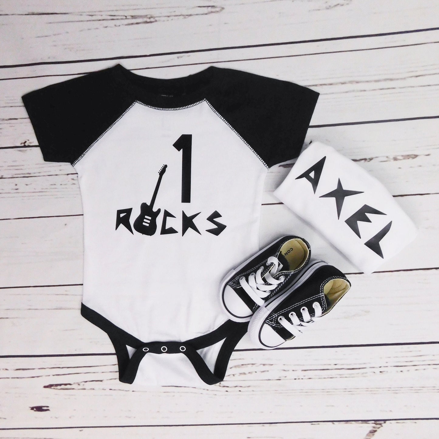 1st Birthday Boy Outfit, Baby Boy One Year Old, Rock N Roll, 1 Rocks! Any Age! White Raglan Shirt with Black Sleeves, Chessa Creations