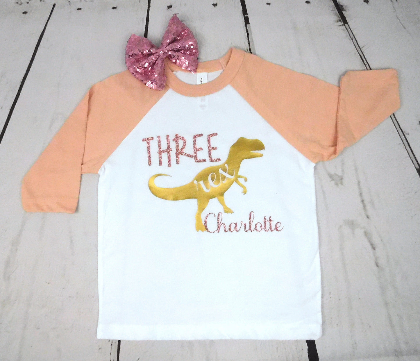 3 Rex Dinosaur Birthday Shirt Girl Three Rex 3rd, 4th, 5th, 3 Year Old, Dinosaur Birthday Girl Shirt Birthday Outfit Coral & Gold Glitter