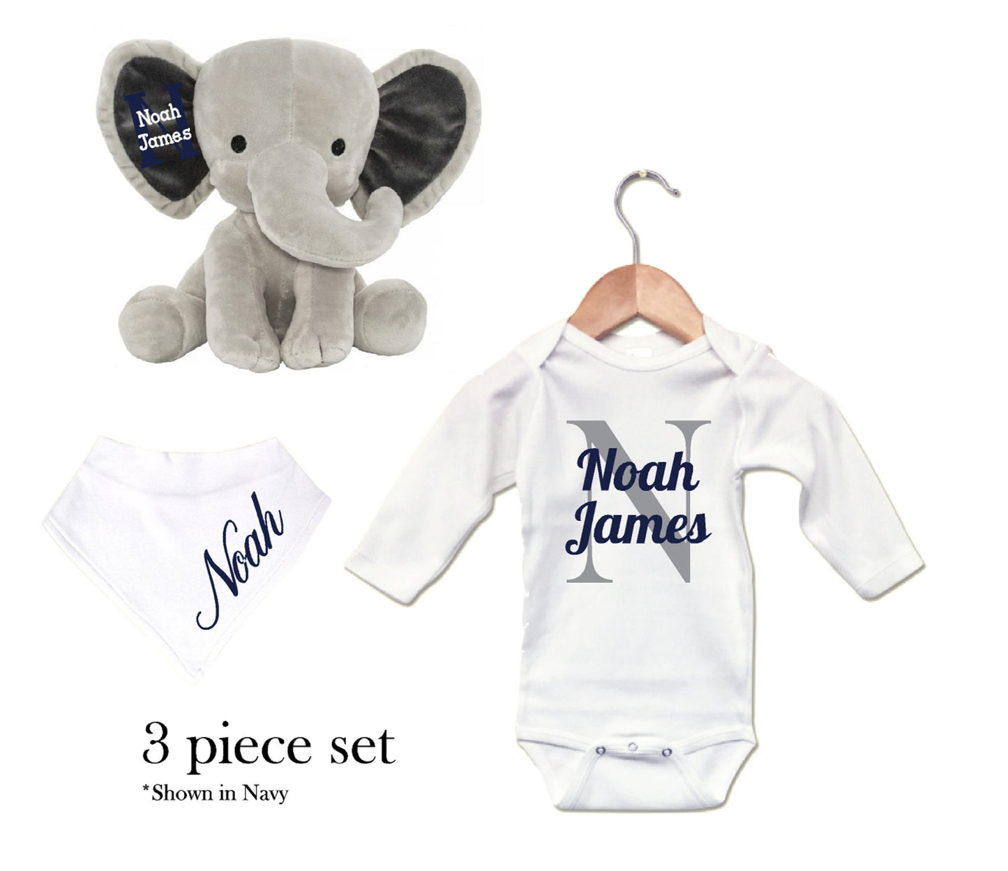 Baby Gift Basket Set, Boy or Girl, 3 Piece Set Elephant, Bodysuit, Bib, Navy