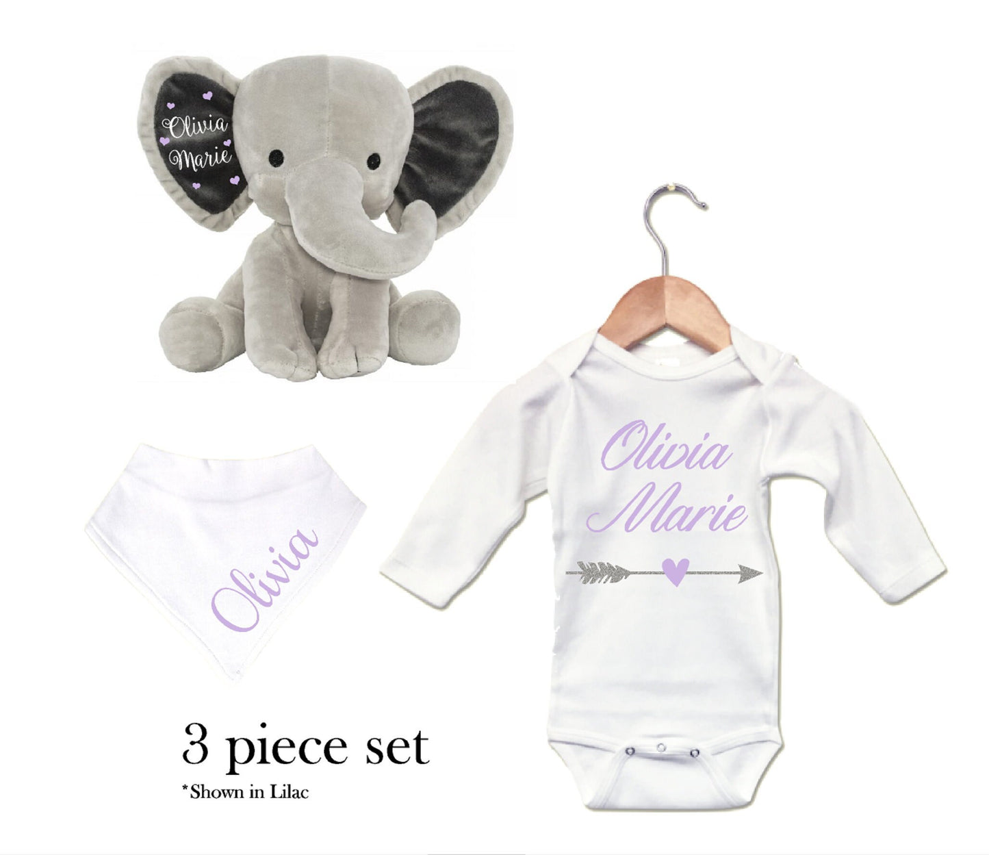 Girl Baby Shower Gift Set 3-Piece Personalized Items Elephant Stuffed Animal Monogrammed Bodysuit Custom Bib Newborn New Baby Basket Pink