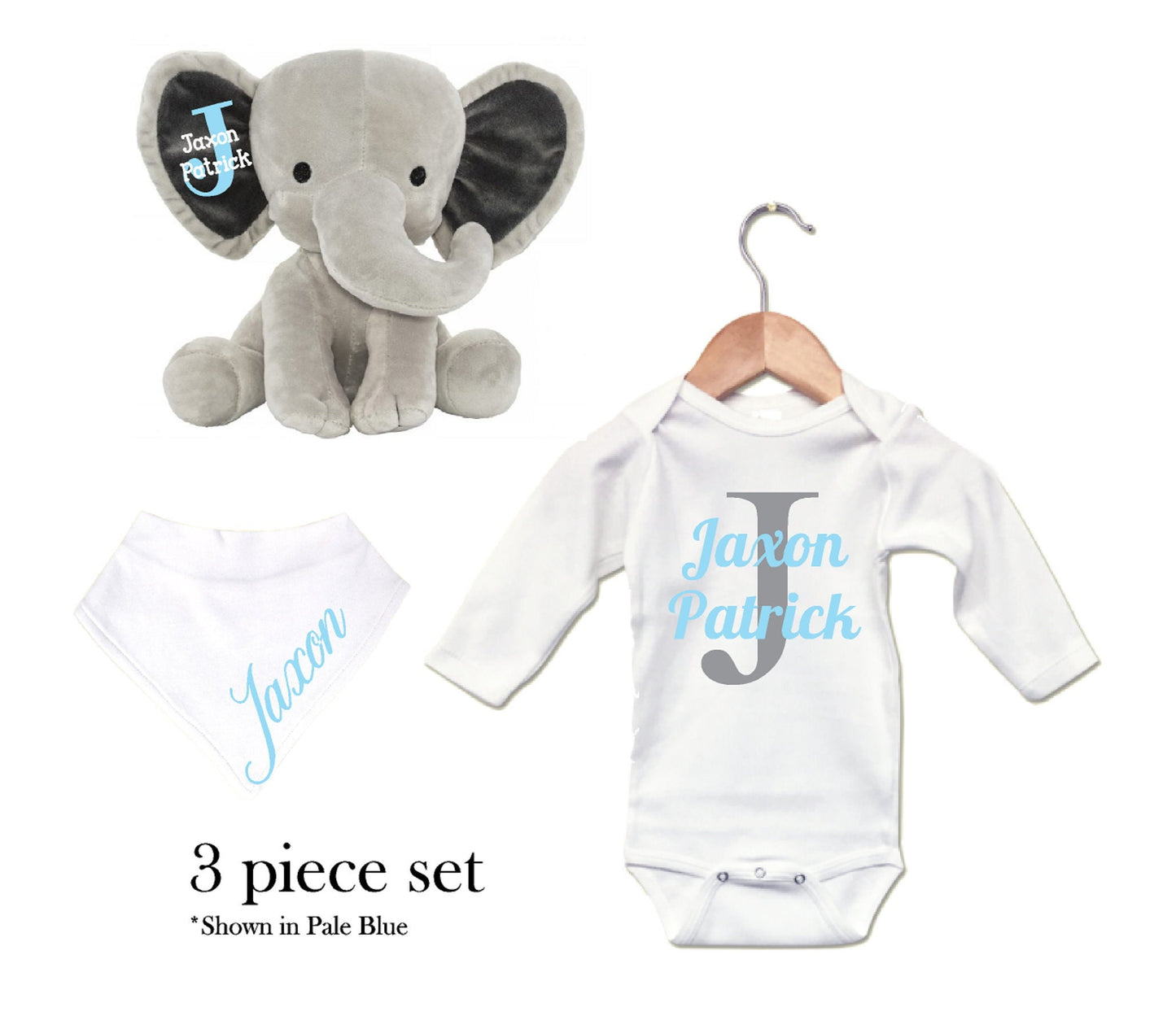 Baby Gift Basket Set, Boy or Girl, 3 Piece Set Elephant, Bodysuit, Bib, Navy