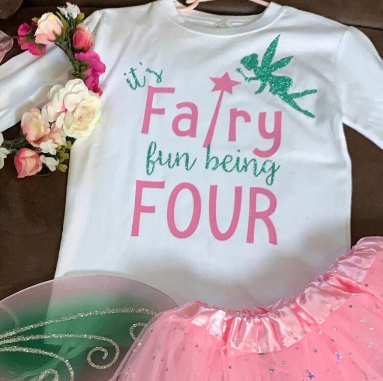 Girls Fairy 4th Birthday Party Outfit ANY AGE Fairy Party One Year Old Girl Birthday Outfit, 1, 2, 3, Gold and Pink Long Sleeve Tutu & Bow