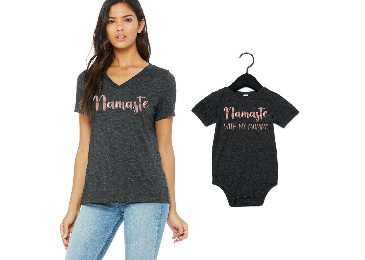 Namaste, Mothers Day Gift, Mom Gift, Mommy and Me Outfits, Mama, Mini, Rose Gold Shirts for Mom and Daughter, Namaste with my Mommy, V Neck