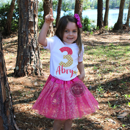 Mermaid Birthday Shirt Girl 3 Year Old Birthday Outfit, 4, 5, 6, 7, 8, 9, 10, Pink, Gold, CHOOSE YOUR COLORS!