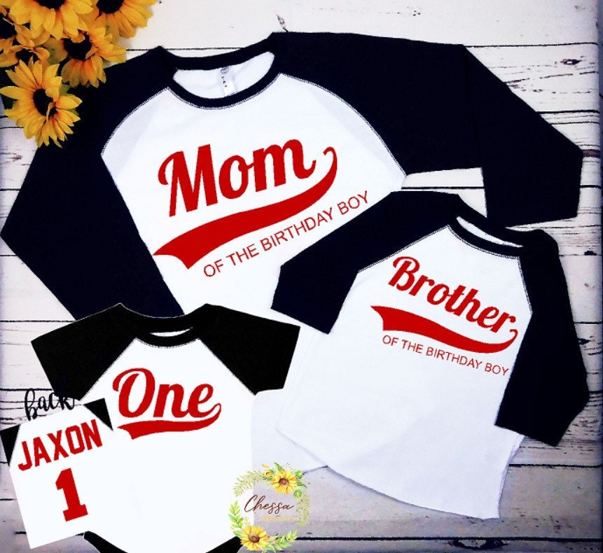 Baseball 1st Birthday Boy Outfit Family Mom, Dad Raglan 3/4 Sleeve for One Year Old Birthday, Red, Black, White, ANY AGE