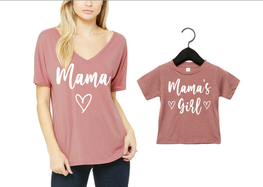 Mothers Day Gift, Mommy and Me Outfits, Mom Gift, Mama, Mama's Girl, Pink Mauve Shirts for Mom and Daughter, V Neck