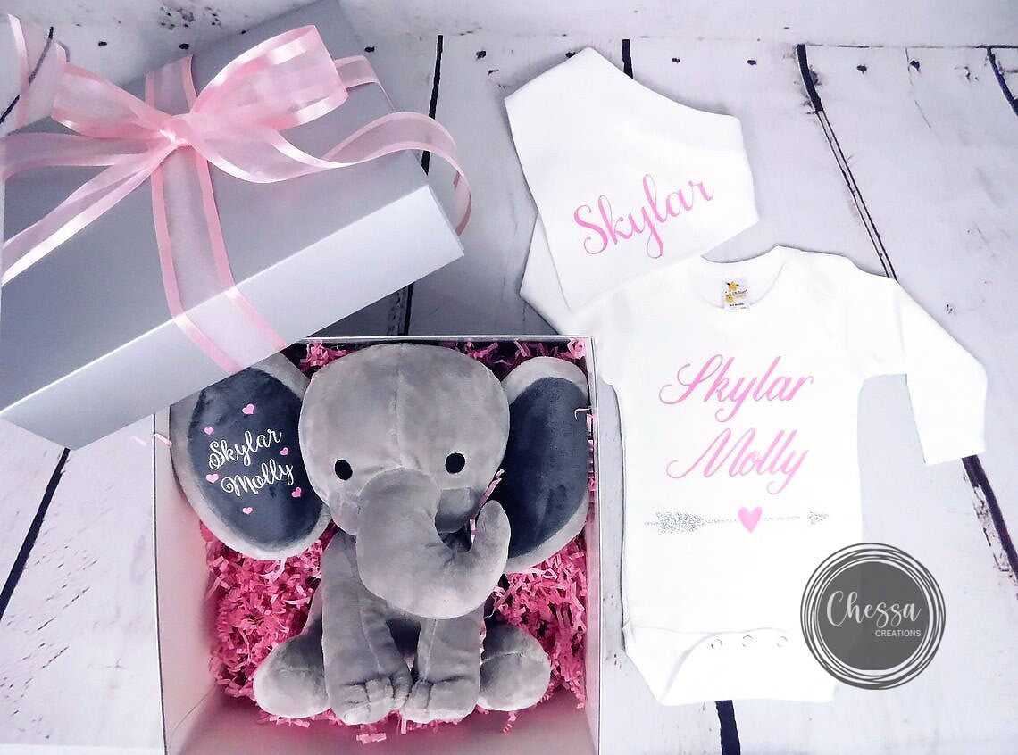 New Baby Boy Shower Gift Box Personalized Elephant Stuffed Animal Gift Basket Newborn Boy Gift Basket, New Parent Gift Set, Royal Blue