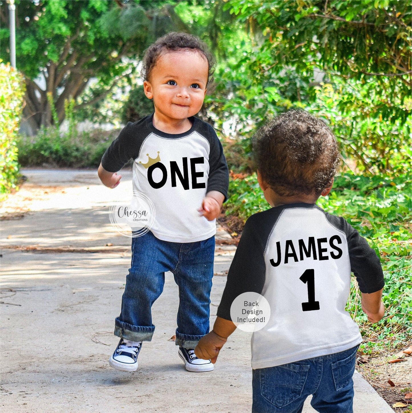 1st Birthday Boy Outfit One Year Old Shirt for Cake Smash, ONE with Crown, 3/4 Sleeve White Raglan Shirt w/ Black Sleeves Chessa, NEW