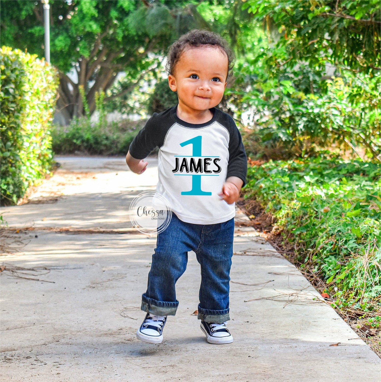 1st Birthday Boy, One Year Old Boys Birthday Outfit, First Birthday, White shirt w/ Black Sleeves, Teal & Black Design, Chessa