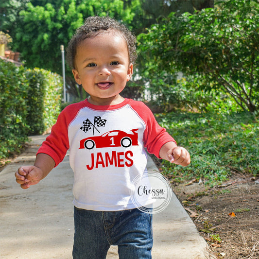 Boy Race Car 1st Birthday Shirt Boys Outfit for One Year Old Car Birthday, First Birthday Boys Shirt, White and Red Raglan Shirt, Chessa