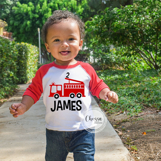 2nd Birthday Boy Outfit, Firefighter Boys Fire Truck Birthday Shirt, 2 Year Old Boy Birthday Outfit, Firetruck, Transportation Birthday Red