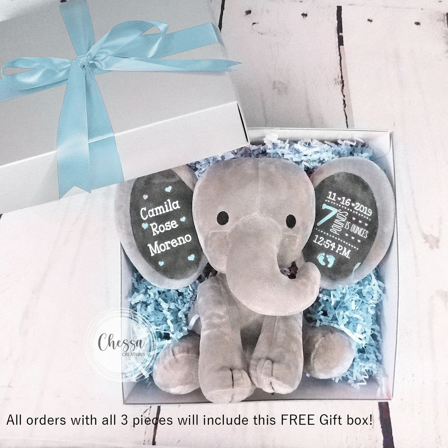 New Baby Boy Shower Gift Basket 3-Piece Customized Elephant Stuffed Animal Gift Basket Monogrammed Newborn Boy Sky Blue, Chessa Creations