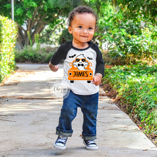 Toddler Boy Halloween Shirt, Boys Trick or Treat Shirt, Raglan Halloween Shirt, Long Sleeve Baby Boy Halloween Shirt with Name, Ghost Truck