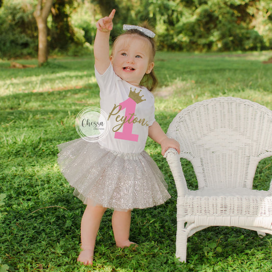 One Year Old Girl Birthday Outfit, 1st Birthday Shirt for Girls First Birthday, Bubblegum Pink and Gold Glitter Custom Birthday Cake Smash