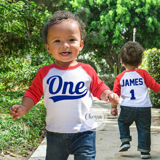 DISCONTINUED STYLE Buy it while you can! 1st Birthday Boy Outfit One Year Old Baseball First Birthday Raglan Shirt for Cake Smash White w/ Red Sleeves, Royal Design