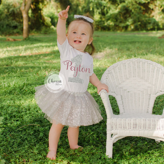 Baby Girl 1st Birthday Outfit, First Birthday Rose Gold & Silver Glitter Bodysuit, Custom Birthday Cake Smash Shirt, NEW