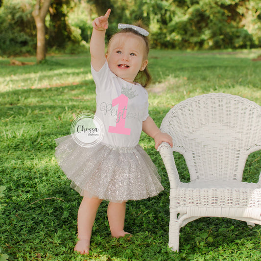 Baby Girl First Birthday Outfit, 1st Birthday Pink & Silver Glitter, Custom Birthday Cake Smash Shirt